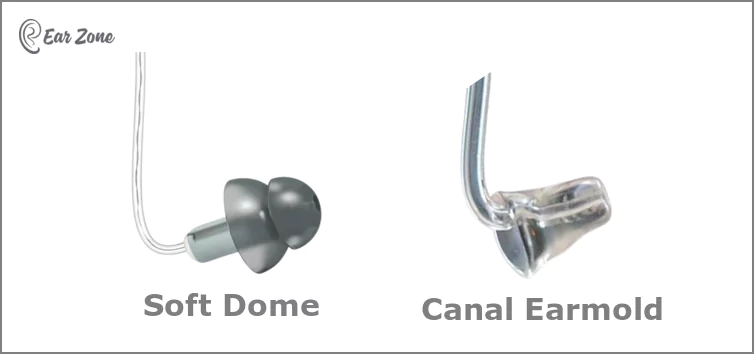 Image of canal earmold and dome. Blog on hearing aid complaints by ear-zone.com